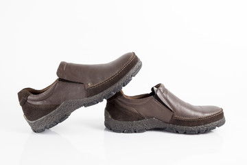 Male Brown Leather Shoe on White Background, Isolated Product.