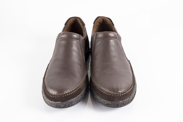 Male Brown Leather Shoe on White Background, Isolated Product.