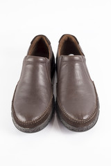 Male Brown Leather Shoe on white background, Isolated Product, front.