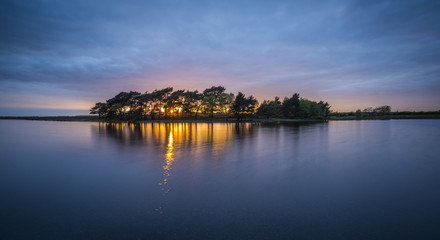 Hatchet Pond in the New Forest at sunset.