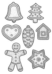 Gingerbread illustration, drawing, engraving, ink, line art, vector