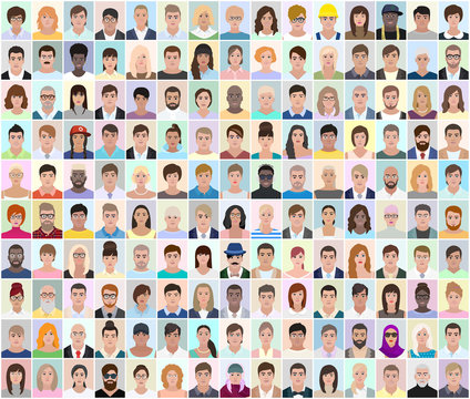 Portraits of different people, light background, vector illustration