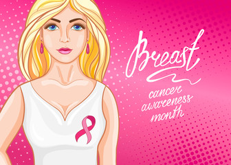 Beautiful girl with pink ribbon. October - Breast Cancer Awareness Month. Health care and medicine concept.