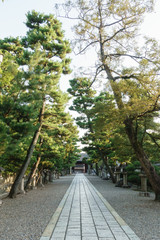 A long stone paving way of Gokonomiya shrine in Kyoto, Japan