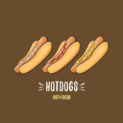 vector cartoon hotdogs icon set isolated on brown background. Vintage hot dog poster or label design