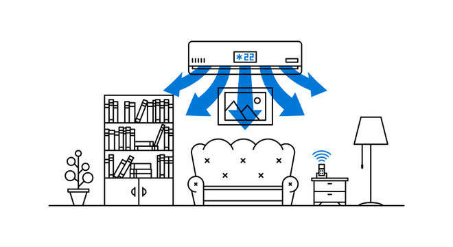 recommend clip art: Domestic air conditioner vector illustration. Living room with air conditioner appliance line art concept.
                    