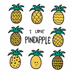 Pineapple cartoon vector set illustration, doodle style
