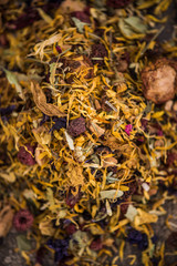 Loose herbal tea with dried flowers and fruits
