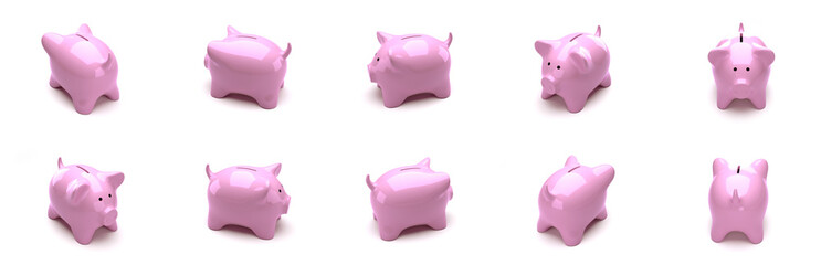 Isometric piggy bank. The objects are isolated against the white background and shown from different sides.