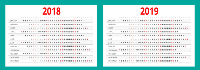 2018 and 2019 calendar. Print Template. Portrait Orientation. Set of 12 Months. Planner for 2018 and 2019 Year.