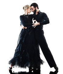 one caucasian man and woman couple ballroom tango salsa dancer dancing in studio silhouette...