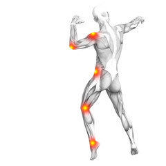 Conceptual human muscle anatomy with red and yellow hot spot inflammation or articular joint pain for health care therapy or sport concepts. 3D illustration man arthritis or bone osteoporosis disease