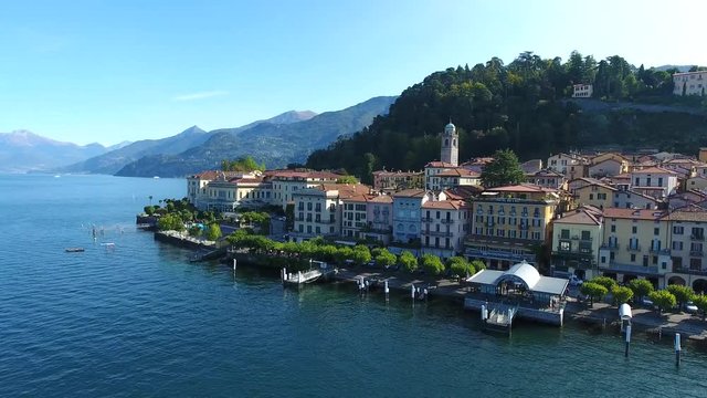 Homes and Hotels in Bellagio, famous destination touristic on Como lake in Italy, aerial view with drone