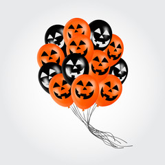 Realistic balloons with halloween cartoon face flying for party or celebrations. Isolated on light background.