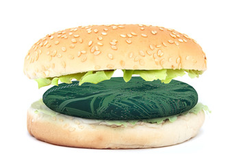 Sandwich with electronic burger, synthetic meat concept