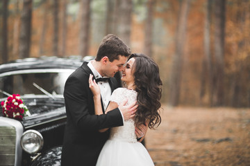 Stylish wedding couple, bride, groom kissing and hugging near retro car in autumn