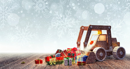 Excavator toy with Christmas presents 3D Rendering