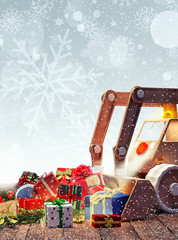 Excavator toy with Christmas presents 3D Rendering