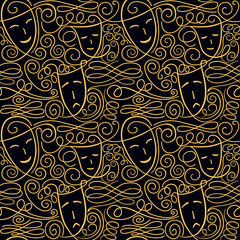 Vector seamless pattern with theatre comedy and tragedy masks and hand drawn curls and swashes