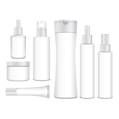 Realistic cosmetic white vector bottles. Vector containers, tubes, sashet for cream, balsam, lotion, gel, shampoo, foundation cream. 3d Illustration