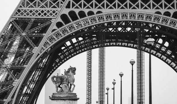 Eiffel tower, statue of the horse, streetlights and Montparnasse building at background. Paris (France). Black and white photo.