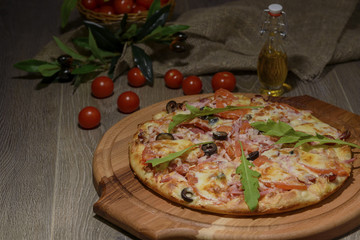 Delicious fresh pizza served on wooden table