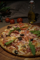 Delicious fresh pizza served on wooden table