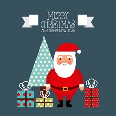 merry christmas and happy new year card santa and tree gifts