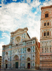 Fototapeta premium cathedral church Santa Maria del Fiore with tower bell, Florence, Italy, retro toned