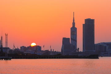 View from Sea Beach to sityscape with Skyscrapers And Tower at sunset, Batumi, Adjara, Georgia