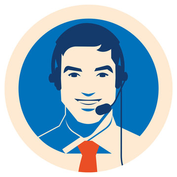Call center operator with headset icon. Client services and communication, customer support, phone assistance.