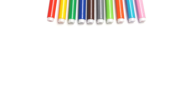 Multicolored Felt Tip Pens on White Background.