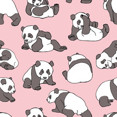 Obraz premium Seamless pattern with cartoon character asian bear (panda) on a light pink background. Vector illustration.