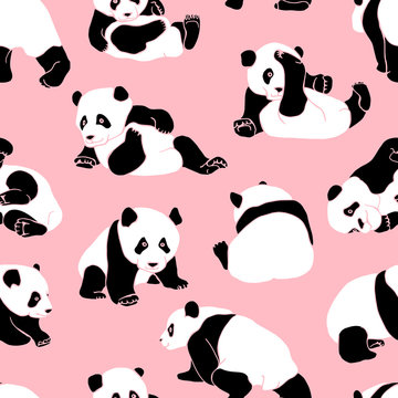 Seamless pattern with black and white asian bear (panda) on a light pink background. Vector illustration.