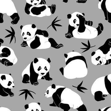 Seamless pattern with a asian bear (panda) and Bamboo leaves on a gray background. Vector illustration.