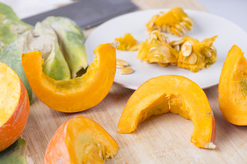 Pumpkin slices on the table.
