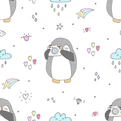 Seamless pattern with cute penguins. Hand-drawn illustration. Vector.