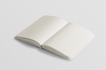 Blank photorealistic notebook mockup on light grey background, opened view.