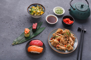 Served table with asian food