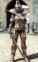 Guardian of the gate. Female fully armored knight standing guard. 3d rendering - obrazy, fototapety, plakaty