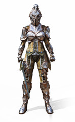 Female armored knight with sword on an isolated white background. 3d rendering