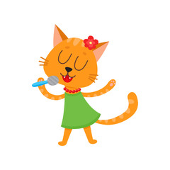 vector flat cartoon cheerful female cat character singing in microphone wearing green dress, flower in head ,necklace happily smiling. isolated illustration on a white background Animals party concept