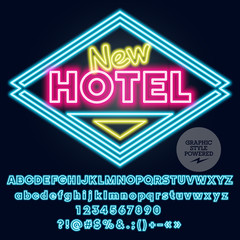 Neon vector Alphabet Numbers and Punctuation symbols. Font contains Graphic Style. Glowing Logo for New Hotel.