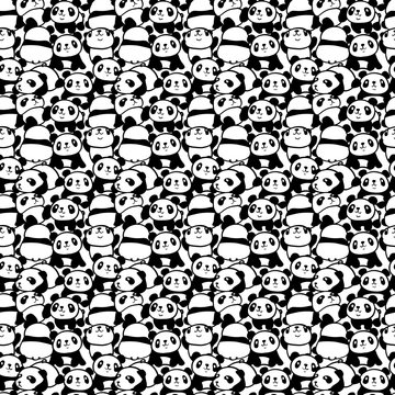 Seamless pattern with image of a too much pandas. Vector illustration.