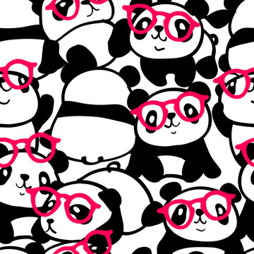 Seamless pattern with image of a too much pandas in a glasses. Vector illustration.