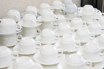 Group of empty coffee cups of white cup for service tea or coffee in breakfast or buffet and seminar event of catering and cocktail
