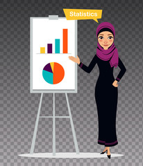 Arab woman stands nearly flipchart. Woman is engaged in statistics. Illustration on transparent background.