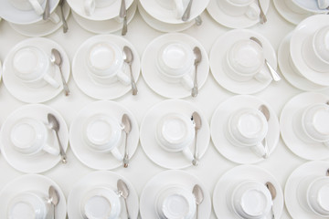 Group of empty coffee cups of white cup for service tea or coffee in breakfast or buffet and seminar event of catering and cocktail