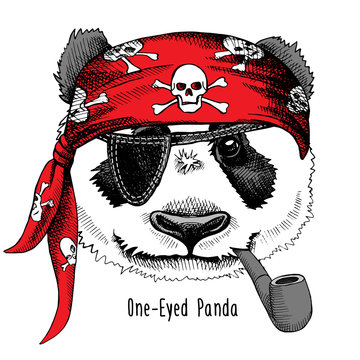 Panda portrait in a pirate's bandana with tobacco pipe. Vector illustration.