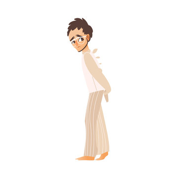 Vector Flat Man In Psychiatric Hospital, Mental Patient Uniform, Glasses Walking Folded Arms Behind His Back Suffering From Anxiety. Isolated Illustration On A White Background. Mental Illness Concept